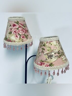 Cottagecore NWOT Set of 2 Floral Clip-On Pink Lampshades Beaded Fringe Trim